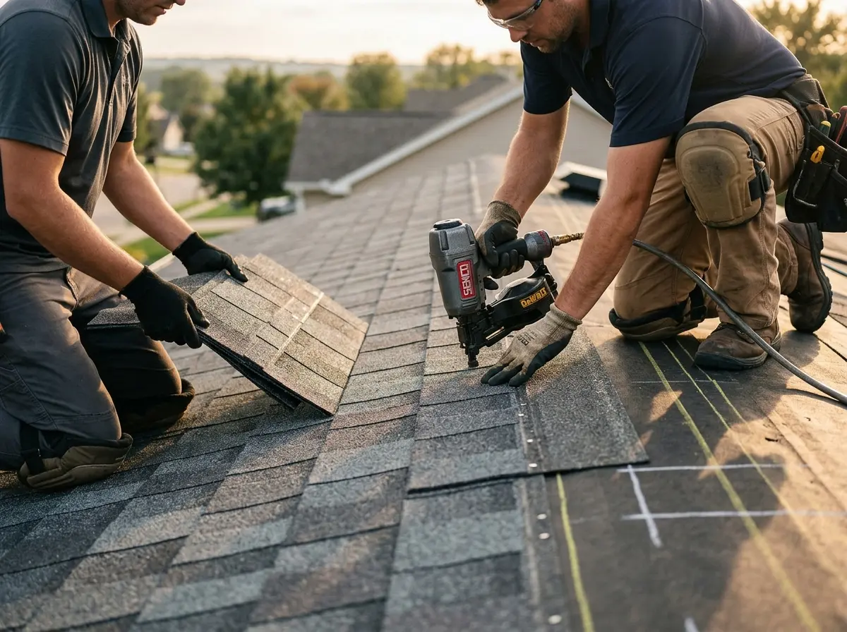 Professional roofer working on a residential roof in Homeland